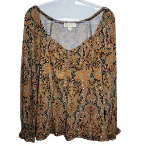 Michael Michael Kors Womens 1X Orange Paisley Ruched Square Neck Blouse